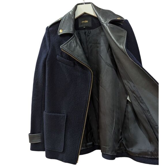 Maje Leather Collar Trim Coat Women's S EU 36 Wool & Calf Skin in Navy & Black - Picture 3 of 12